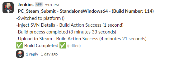 Slack build log message
